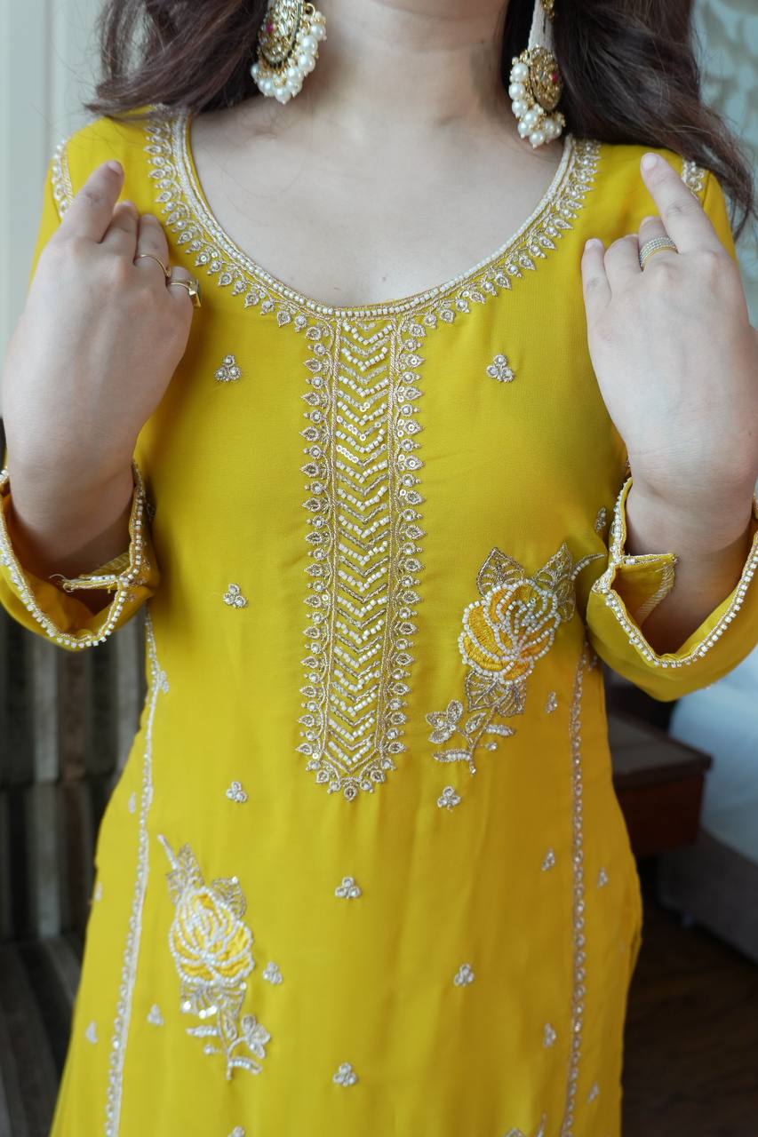 Premium Fox Georgette Designer Gharara Suit Set with Sequins Embroidery, Beads Work & Dupatta